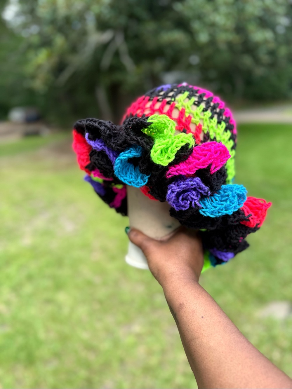Crochet Ruffle Bucket Hat - Neon Multicolor